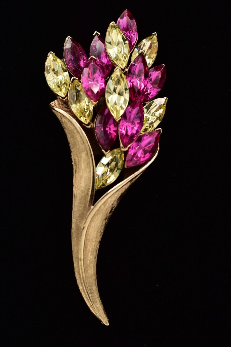 Coro Vintage Crystal Brooch Pin Marquise Magenta Yellow Gold Pegasus Signed BinJ